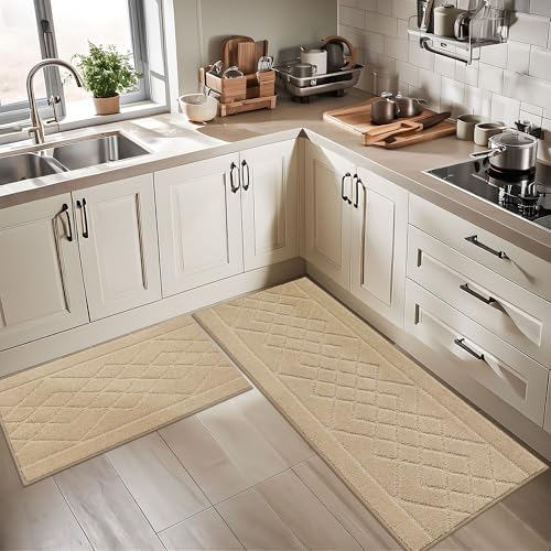 BEQHAUSE Kitchen Rugs Set of 2 Non Slip Runner, 24"x36"+24"x60", Beige - color: Beige, size: 24" X 36" + 24" X 60"
