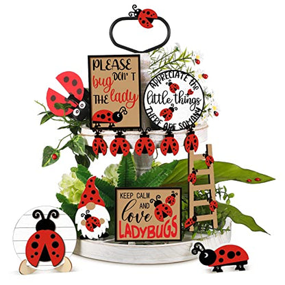 Jetec 12 Pcs Red Ladybug Tiered Tray Decor Set Spring Summer Wood Sign Rustic Farmhouse Decor Ladybird Tiered Decorative Trays Signs for Home Kitchen Decorations (Ladybug) - style: Ladybug