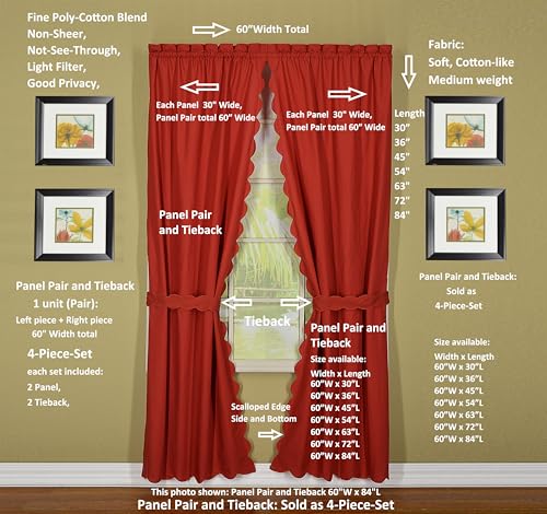Today's Curtain, Orleans Scallop Curtain, Brick Red 45" Panel Pair and Tieback,4-Piece-Set, 60" W x 45" L, Brick Red - color: Brick Red, size: 60"W x 45"L (Pack of 1)