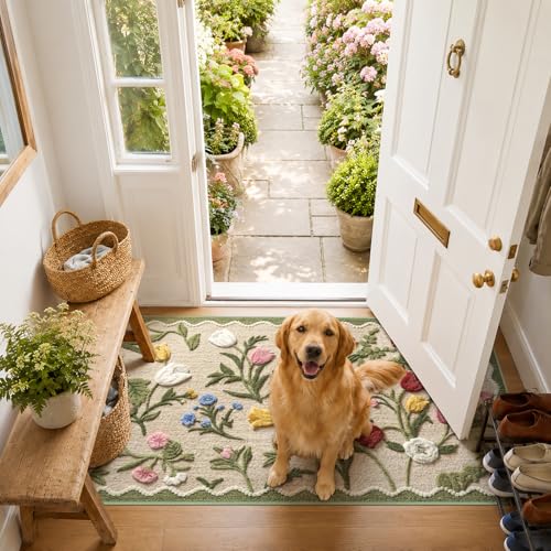 3x5 Small Beige Floral Entryway Rug, Neutral Farmhouse Front Door Mat, Washable Non Slip Thin Low Pile Floor Mat for Indoor Outdoor Kitchen Bathroom Porch - color: Beige Floral, size: 3' x 5' (Rectangular)