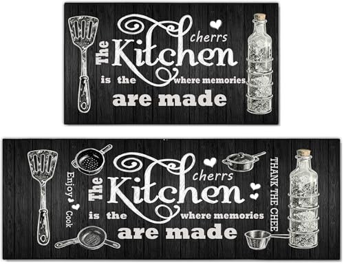 Farmhouse Kitchen Rug 2 Piece Set, Black and White Rustic Vintage Style Theme Decor Kitchen Rugs, Absorbent Washable Non-Slip Floor Mats, Home Indoor Runner Carpet 17x30+17x47 Inches - color: Farmhouse Black B