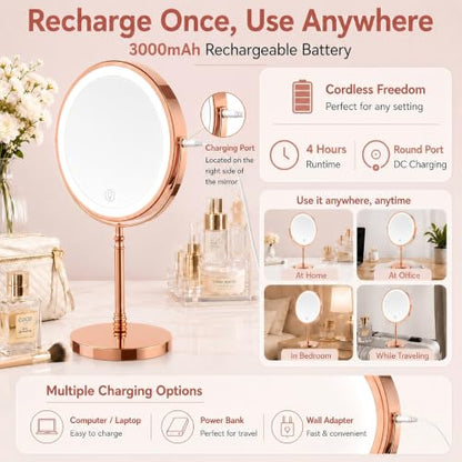 DEIOVWXS Makeup Mirror, Rechargeable Vanity Mirror with 3 Lights, 1X/10X - color: Rose Gold