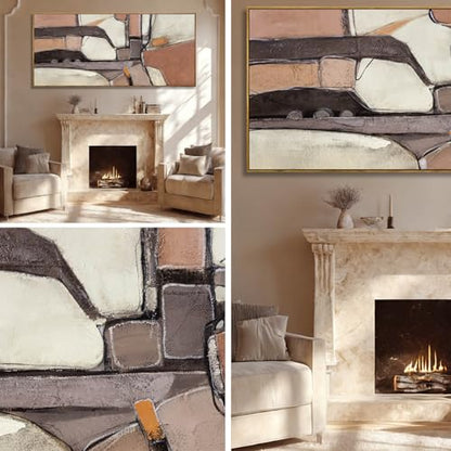 ZENPEE Brown & Grey Abstract Canvas Wall Art 32x71, Neutral Off-White Geometric Design with Wooden Frame, Modern Oversized wall art for living room - color: Brown & Beige, size: 70"L x 32"W