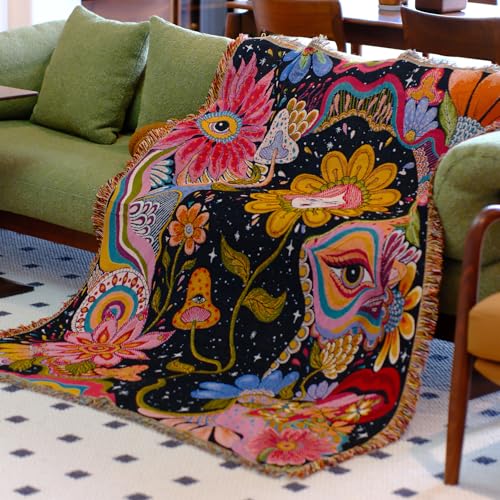 Hippie Flower Boho Throw Blanket for Couch Bed Chair Lounge Hippie Room Decor Reversible Cotton Woven Whimsical Throw Blanket Witchy Room Decor Throws Bed Spread Outdoor Camping Blanket 51x59 Inches - color: Woven Hippie Girl