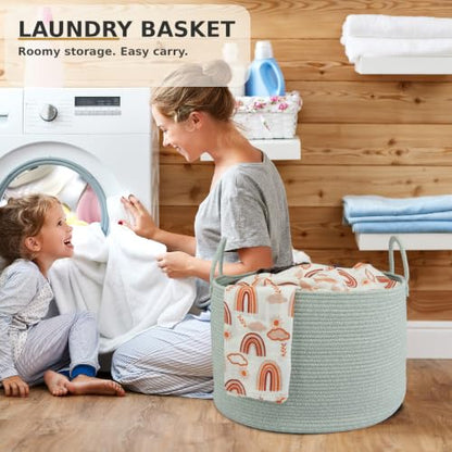 XUANGUO 66L Large Blanket Basket, Round Cotton Rope Basket, Light Green - color: light green