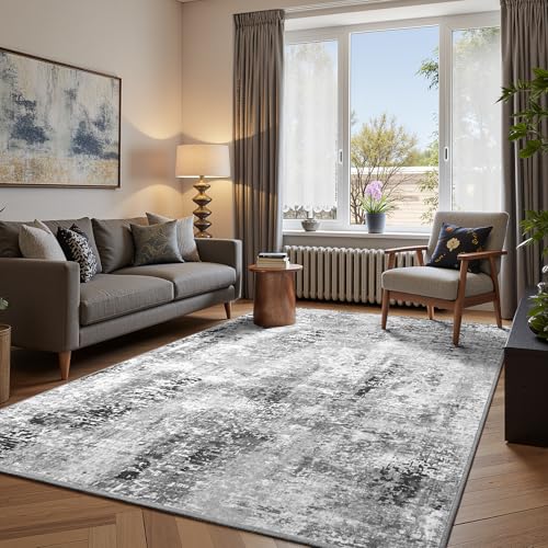 5x7 Dark Grey Washable Area Rug for Living Room Bedroom, Modern Abstract Non-Slip Rugs, Low Pile Soft Stain Resistant Carpet for Dining Room, Office, Dorm Decor - color: Dark Grey, size: 5' x 7' (Rectangular)