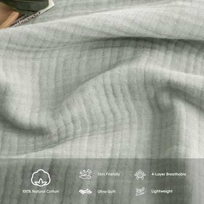 FOSSA Muslin Blanket 4-Layer 100% Cotton Gauze Blanket with Fringe 50"x70" - color: Sage Green, size: Throw XL (50" × 70")