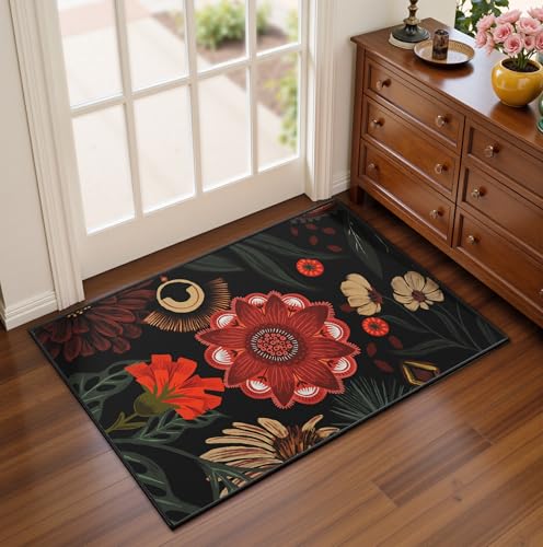 Tyrot Vintage Boho Floral Rug 2x3, Washable Colorful Area Rug, Ultra Thin Flat Woven Low Pile Non Slip Indoor Rug for Entryway, Kitchen, Bathroom, Bedroom, Black Red - color: Crimson Shadow, size: 2' x 3' (Rectangular)