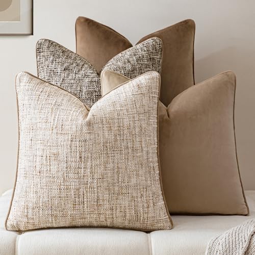 a moment Neutral Khaki Brown 4 Pack Throw Pillow Covers - Chenille & Velvet Set with Piping, Farmhouse Textured Design Pillow Cases for Couch Sofa Bed Livingroom (18x18 Inch, No Insert) - color: Neutral Khaki Brown, size: 18" x 18" (Pack of 4)