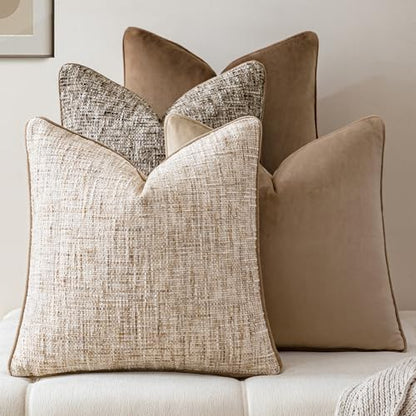 a moment Neutral Khaki Brown 4 Pack Throw Pillow Covers - Chenille & Velvet Set with Piping, Farmhouse Textured Design Pillow Cases for Couch Sofa Bed Livingroom (18x18 Inch, No Insert) - color: Neutral Khaki Brown, size: 18" x 18" (Pack of 4)