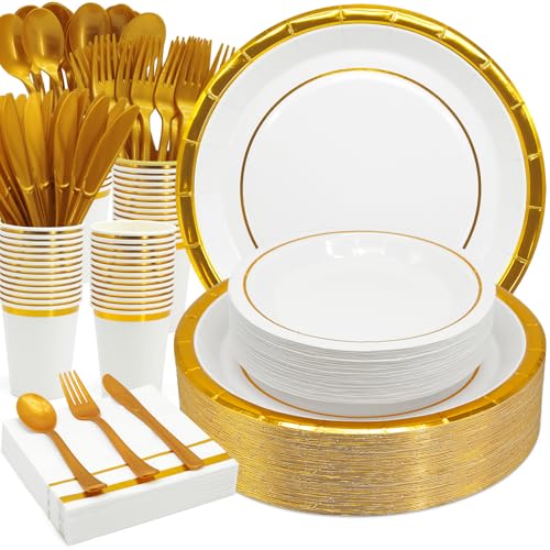 AIRE Gold White Paper Plates Set, 350PCS Disposable Tableware for 50 - color: 350pcs White Gold