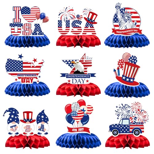 4th of July Honeycomb Centerpieces - 9PCS Patriotic Themed Table Decorations, Red White Blue Independence Day Party Supplies for Patriotic Events American Theme Gatherings - style: Independence Day