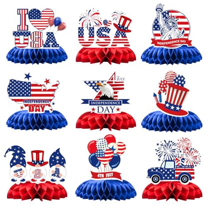 4th of July Honeycomb Centerpieces - 9PCS Patriotic Themed Table Decorations, Red White Blue Independence Day Party Supplies for Patriotic Events American Theme Gatherings - style: Independence Day