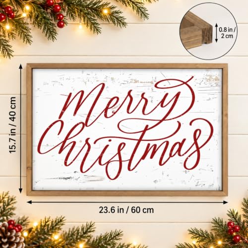 Merry Christmas Wall Decor Art, 23.6"×15.7" Large Wooden Sign - color: white-red
