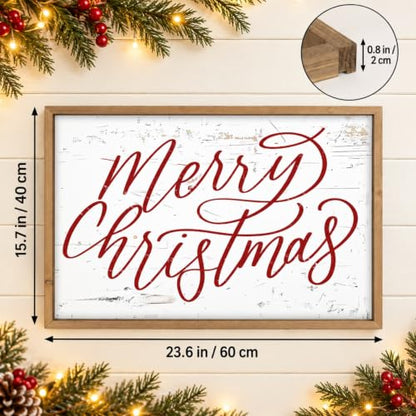 Merry Christmas Wall Decor Art, 23.6"×15.7" Large Wooden Sign - color: white-red
