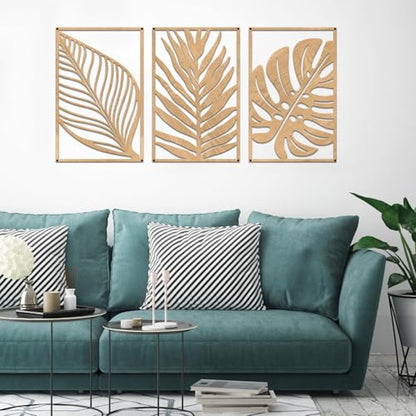 Resama 3 Pack Wooden Metal Monstera Palm Leaf Wall Decor - color: Oak