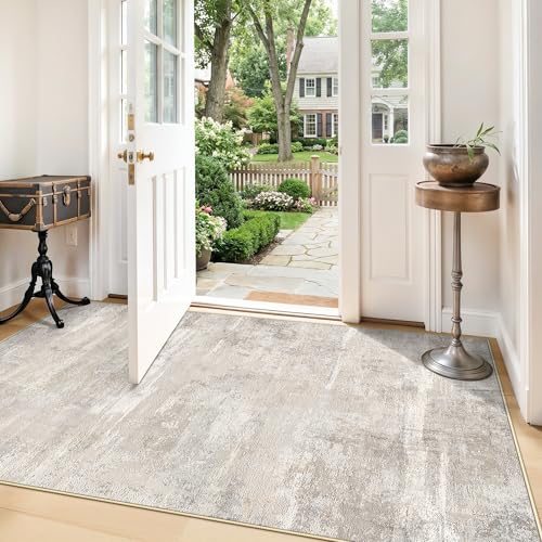 Living Room Area Rugs 4x5 - Modern Abstract Washable Bedroom Rugs with Non Slip Backing Soft Low Pile Carpet for Kitchen Office Nursery Indoor Home Decor Floor Mat for Bathroom 4x5 Beige - color: Beige, size: 4' x 5' (Rectangular)
