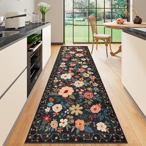 DUKINO 2x10 Runner Rug, Floral Washable Kitchen Runner Rug Non Slip, Black - color: Black, size: 2' x 10' (Rectangular)