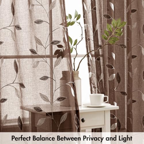 MIULEE Chocolate Brown Sheer Curtains 2 Panels Leaf Patterned, W52 x L63 - color: Chocolate Brown, size: 52"W x 63"L (Pack of 2)
