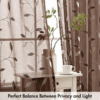 MIULEE Chocolate Brown Sheer Curtains 2 Panels Leaf Patterned, W52 x L96 - color: Chocolate Brown, size: 52"W x 96"L (Pack of 2)