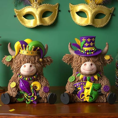 2 Pack Mardi Gras Highland Cow Figurines Mardi Gras Gifts - style: Mardi Gras