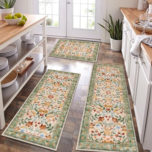 HEBE Boho Kitchen Rugs Set of 3, Non Slip Washable Kitchen Mats for Floor - color: Birds/Green, size: 20"x32"+20"x48"+20"x59"