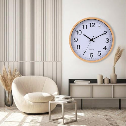 Wall Clock 12 Inch Wooden Frame Glass Cover Non-Ticking Number Quartz Modern Quartz Design Decorative Bedroom Kitchen Office Classroom Light Brown - color: Light Brown