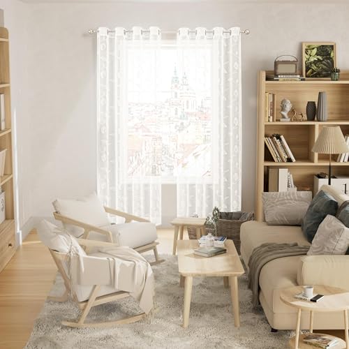 BGment White Sheer Curtains 90 Inches Long Living Room 2 Panels - color: White-leaf, size: 52"W x 90"L (Pack of 2)