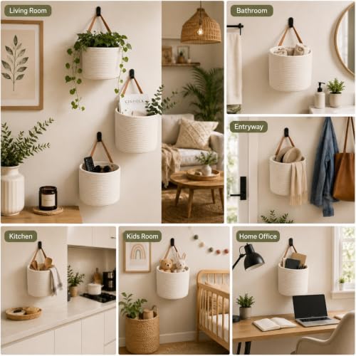 Honeydak 3 Hanging Baskets, Cream, Round Bucket Basket - color: Cream, style: Round Bucket Basket