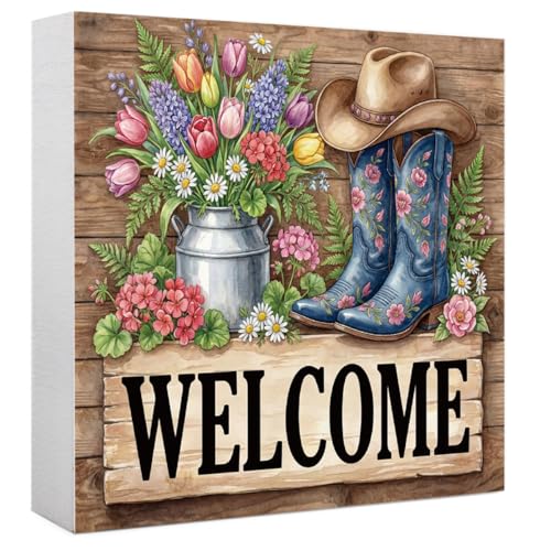 Welcome Sign Spring Wooden Box Sign, Farmhouse Spring Decorations for Home Office Bathroom Kitchen Rustic Wood Block Signs for Desk Shelf Table Decor - color: Welcome3