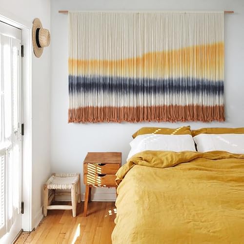Flber Macrame Wall Hanging Extra Large Dip Dye Boho Wall Decor 57" W*35" L - color: Yellow1
