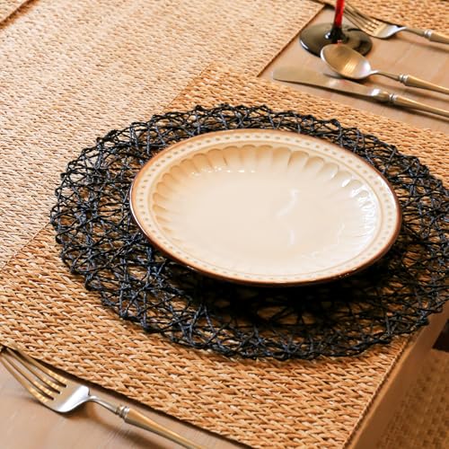 AHHFSMEI Paper Braided Round Placemats Set of 12 Natural Non-Slip Heat Resistant Table Mats for Dining Tables Woven Indoor & Outdoor Place mats(Black,12) - color: Black