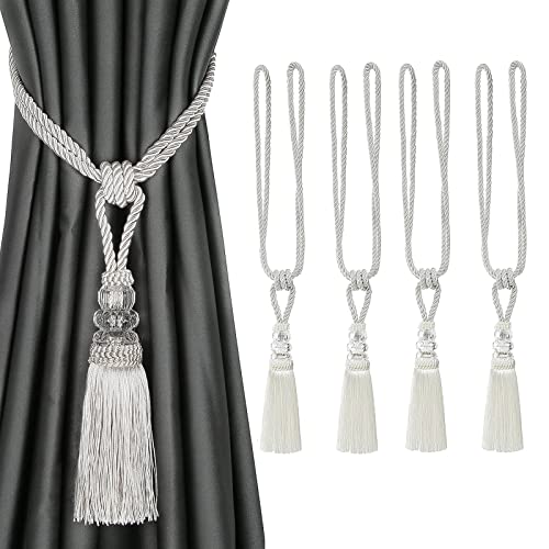 BEL AVENIR 4 Pack Curtain Tiebacks Hand-Woven Holdbacks Tassels Tiebacks - color: White, size: 4 Pack