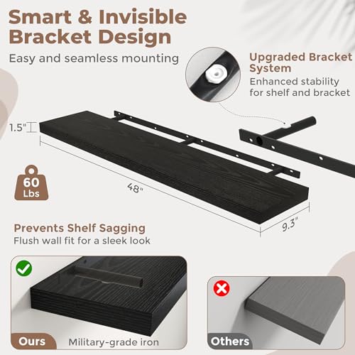 48 Inch Floating Shelves, 9"Deep Wall Shelf, 60 Lbs Capacity, Black, 2pcs - color: Black, size: 48"Wx9"Dx1.5"H