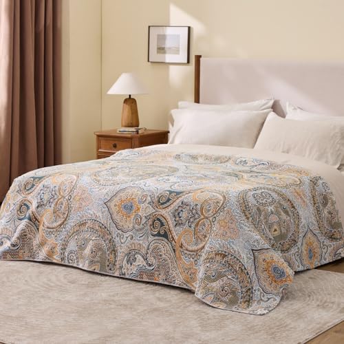 100% Cotton Boho Throw Blanket for Home Decor – Classic Farmhouse Quilt Bedding, Muslin Blankets for Adults, Vintage Woven Decorative Blanket for Couch, Bed Layering Use, Paisley Pattern, 104"x90" - color: 2 - Paisley, size: King(104 x 90 Inch)