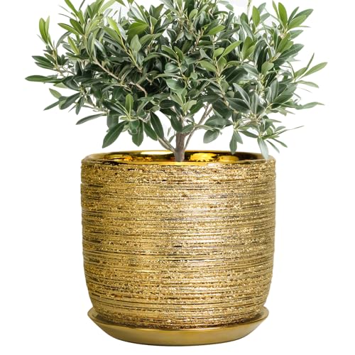 8 Inch Plant Pot, Ceramic Planter with Drainage and Saucer, Gold - color: Gold, size: 8 Inch