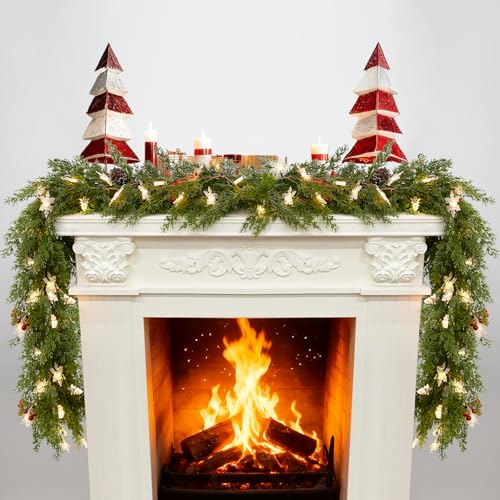 6FT Christmas Garland with Lights Battery Operated Lighted Christmas Garland with Pine Cones Red Beries,Twinkle Snowflake& Tree Mixed LED Lights Mantle Xmas Christmas Decoration Indoor Outdoor