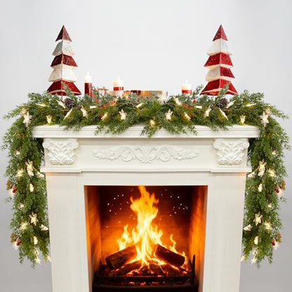 6FT Christmas Garland with Lights Battery Operated Lighted Christmas Garland with Pine Cones Red Beries,Twinkle Snowflake& Tree Mixed LED Lights Mantle Xmas Christmas Decoration Indoor Outdoor