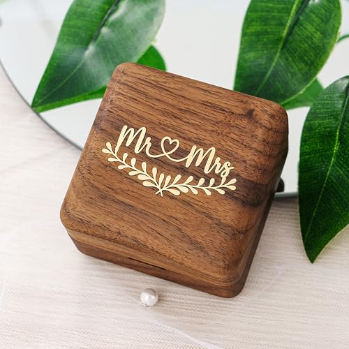 KWOOD Custom Wooden Wedding Ring Box for 2 Rings, Engraved Mr & Mrs Double Ring Holder for Wedding Ceremony Ring Bearer Box Anniversary Birthday Gift Ideas - style: G-Mr & Mrs 02