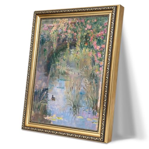 Vintage French Country River Arch Framed Wall Art Impressionist Water Garden Canvas Print Wisteria Flower Stream Oil Painting Cottage Landscape for Living Room Bedroom Kitchen Home Office Gallery Wall Decor Gift for Art Lovers Friends New Homeowners - col