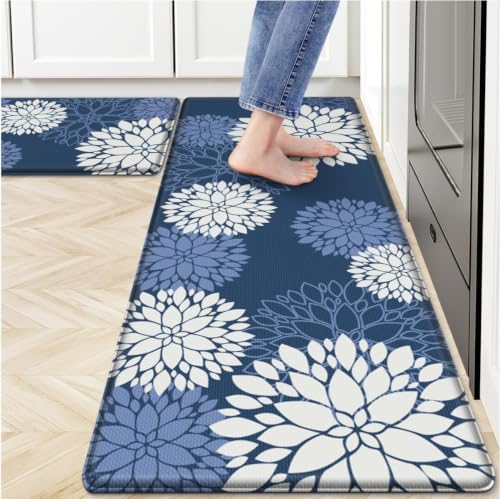 Kitchen Mats 2 Piece Set, Anti Fatigue Non Slip Cushioned Floor Rugs, Blue - size: 17.3"W×47"L+17.3"W×30"L-0.4"Th