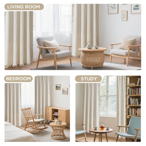Joydeco Linen Beige Boho Curtains 90 Inch, 2 Panels with Tassels - color: Beige, size: 52"W x 90"L (Pack of 2)