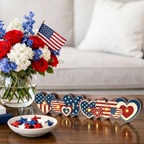 Yousoontic 4th of July Decorations Retro Patriotic Table Centerpieces with LED Lights Memorial Day Heart Wooden Sign Decor 3D Block Red White Blue Decor for 250th Anniversary Home Mantel Desk Party - style: Patriotic Star