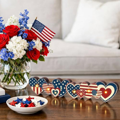 Yousoontic 4th of July Decorations Retro Patriotic Table Centerpieces with LED Lights Memorial Day Heart Wooden Sign Decor 3D Block Red White Blue Decor for 250th Anniversary Home Mantel Desk Party - style: Patriotic Star