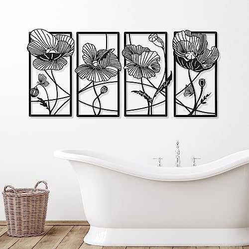 4 Pcs Black Metal Flower Wall Art Minimalist Floral Decor, Elegant - style: Elegant