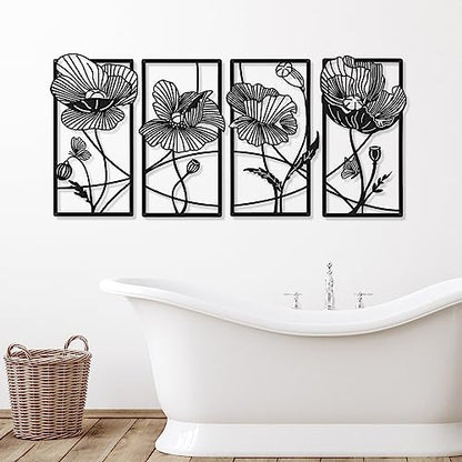 4 Pcs Black Metal Flower Wall Art Minimalist Floral Decor, Elegant - style: Elegant