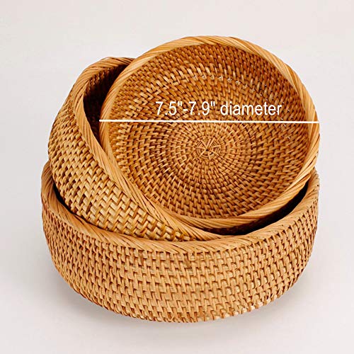Hadewoven Round Rattan Fruit Basket Wicker Food Tray Weaving Storage Holder Dining Room Bowl, 8 Inch Small Bread Baskets Tray for Serving with Deep Wall, Brown (Small 7.48”) - size: Small 7.48"