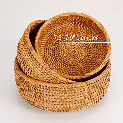 Hadewoven Round Rattan Fruit Basket Wicker Food Tray Weaving Storage Holder Dining Room Bowl, 8 Inch Small Bread Baskets Tray for Serving with Deep Wall, Brown (Small 7.48”) - size: Small 7.48"