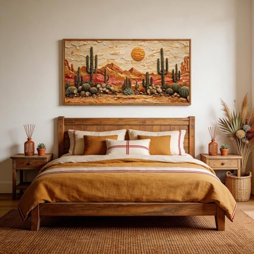 Aurlan 3D Textured Cactus Arizona Desert Framed Canvas Wall Art 40x20 Inch - color: Cactus Desert (3D Textured), size: 40"L x 20"W