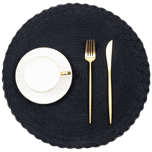 SHACOS Round Placemats Set of 6 Woven Round Table Mats 15 inch Braided Border Washable Cotton Polyester Circle Place Mats, Black (Pack of 2) - color: Black, size: 6 pieces (Pack of 2)